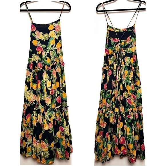 CARA CARA Fruit Print Square Neck Sleeveless Open Back Ruffle Tier Midi Dress L - Picture 8 of 15